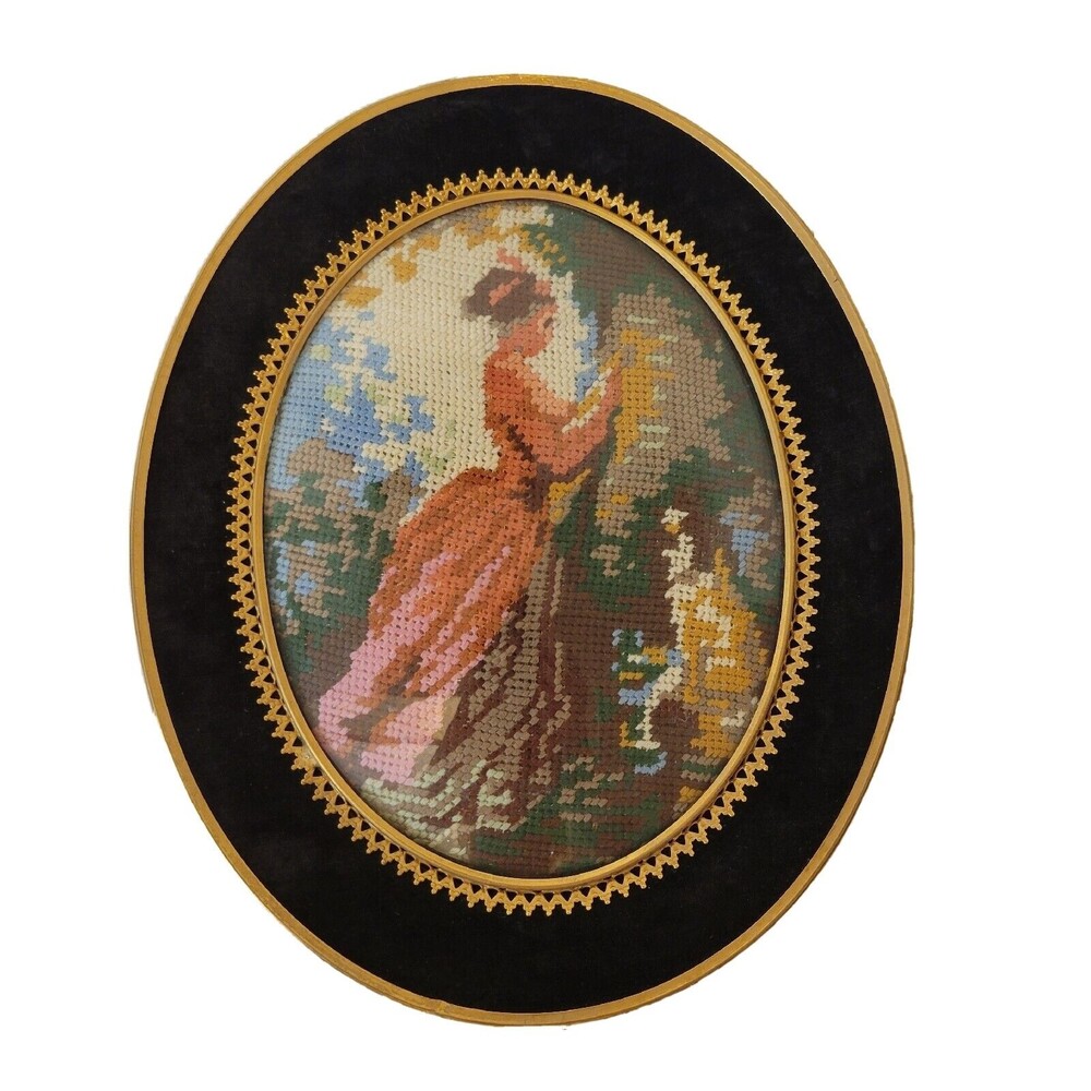 Vintage Needlepoint Handmade Women With Dog Velvet And Brass Ormolu Wood Frame